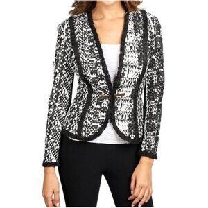 Joseph Ribkoff Knit Blazer Jacket Black and White with Black Fringe Trim Size 10